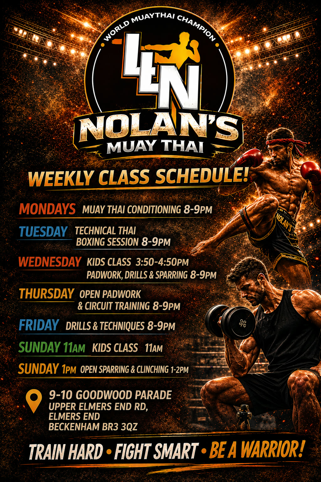 Nolan Muay Thai weekly class schedule, Beckenham — Mon–Fri 8–9pm classes, Wednesday kids 3:50–4:50pm and Sunday 11am kids class