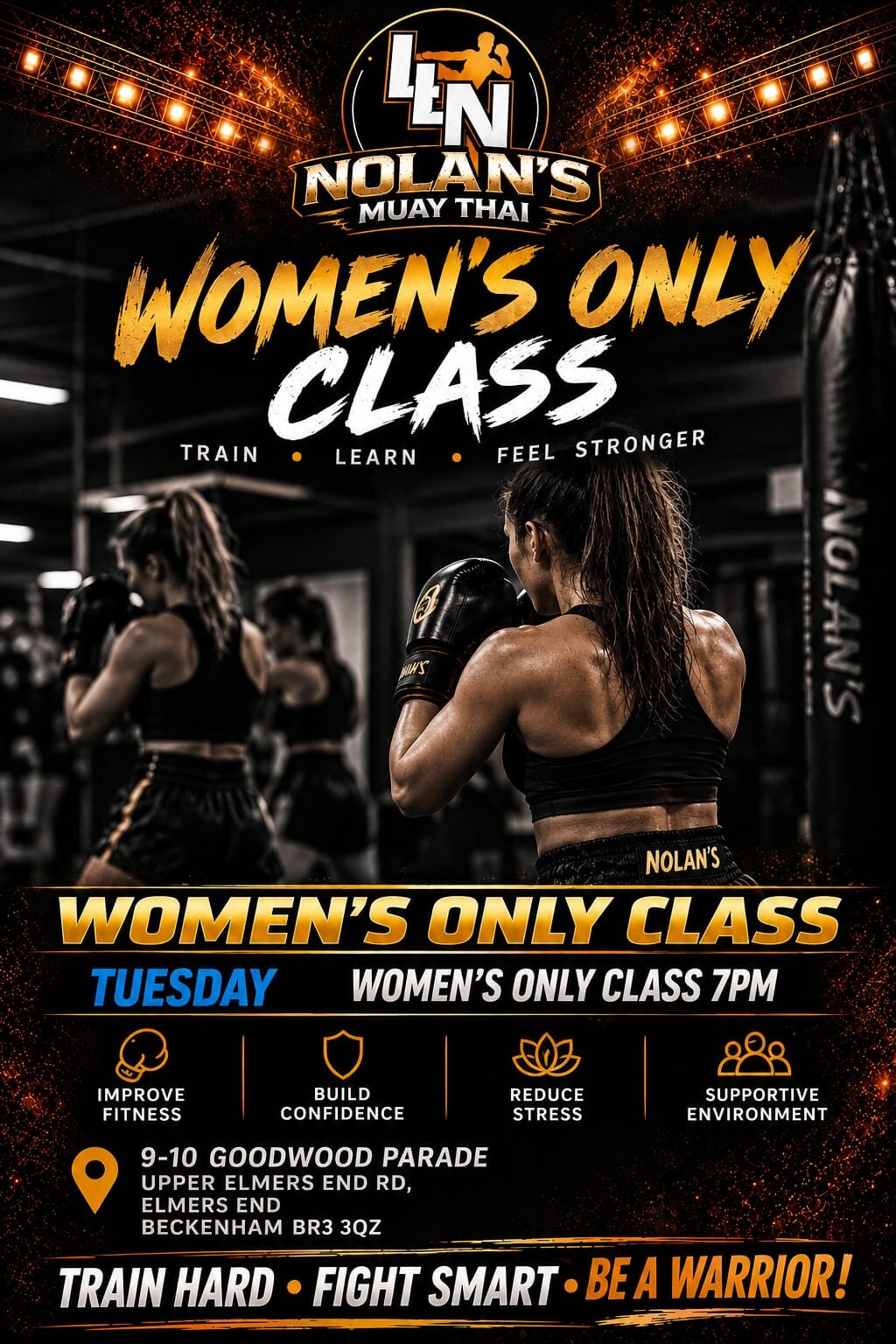 Women's only Muay Thai class at Nolan Muay Thai in Beckenham — women training on the bags, Tuesdays 7pm